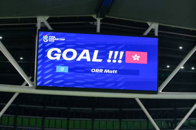 HONG KONG-SPORTS ASEAN-CUP The stadium LED screen displays a goal announcement for Hong Kong, China forward Matt Orr during the FIFA ASEAN Challenge Cup final against Cambodia at Kai Tak Stadium in Hong Kong on October 3, 2026. (Photo by Zulu Lo TMHK via Nexpher Images) Hong Kong