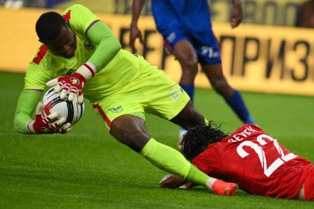 Russia Soccer Friendly Russia - Namibia 9256913 03.10.2026 Namibia s goalkeeper Kamaijanda Ndisiro and Russia s Mingiyan Beveev in action during the friendly soccer match between Russia and Namibia at Yekaterinburg Arena in Yekaterinburg, Russia. Grigory Sysoev Sputnik Yekaterinburg Sverdlovsk Oblast Region Russia  Copyright: xGrigoryxSysoevx