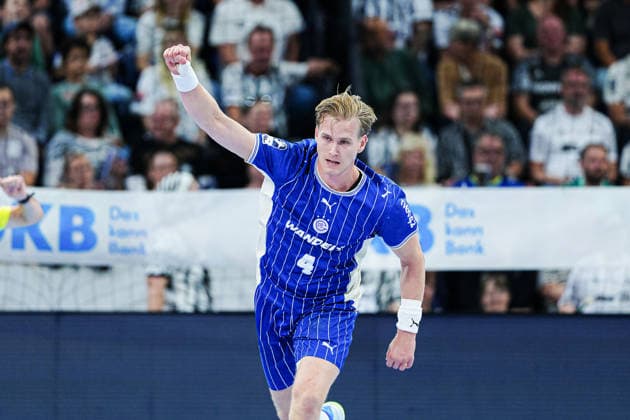 Goal celebration by Ellidi Snaer Vidarsson of VfL Gummersbach, April, THW Kiel vs. VfL Gummersbach, Handball, 1st Bundesliga, Matchday 7, 2026–2027 season, October 3, 2026, Germany, THW Kiel vs. VfL Gummersbach, Handball, 1st Bundesliga, Matchday 7, 2026–2027 season, October 3, 2026, Kiel Copyright: xEibner-Pressefoto MarcelxvonxFehrnx EP_MFN