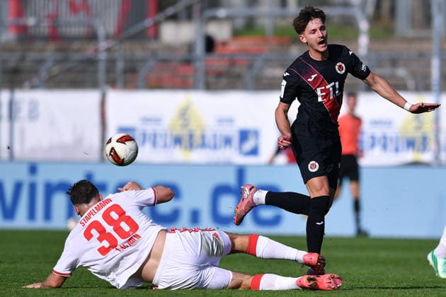 Soccer Friendly Match: FC Viktoria Köln vs. 1. FC Köln on October 3, 2026, at Sportpark Höhenberg in Cologne. Luis Stapelmann (Cologne), in the foreground; Alexander Prokopenko (Cologne), in the background xRx