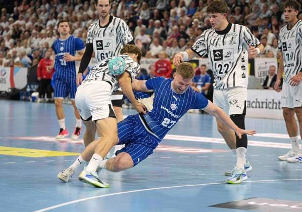 Photo: Kristjan Horzen of Gummersbach takes a shot against Rasmus Ankermann; on the left is Rune Dahmke. Men s Handball 1st Bundesliga: THW Kiel vs. VfL Gummersbach on Sat, Oct 3, 2026