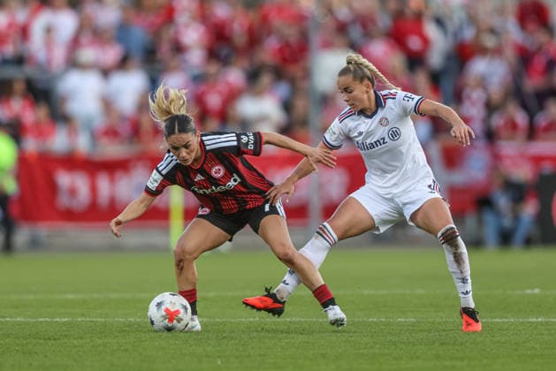 GER, Frankfurt, Eintracht Frankfurt vs. FC Bayern Munich, Google Pixel Women s Bundesliga, Soccer, DFB, 2026–2027 Season, Stadion am Brentanobad, Matchday 6 in pictures (from left): Ereleta Memeti, Eintracht Frankfurt Women’s Team No. 7; Giulia Gwinn, FC Bayern Munich Women’s Team No. 7. DFB and DFL regulations prohibit any use of photographs as image sequences and or quasi-video, October 3, 2026 Copyright: HMBxMedia HendrikxHamelau