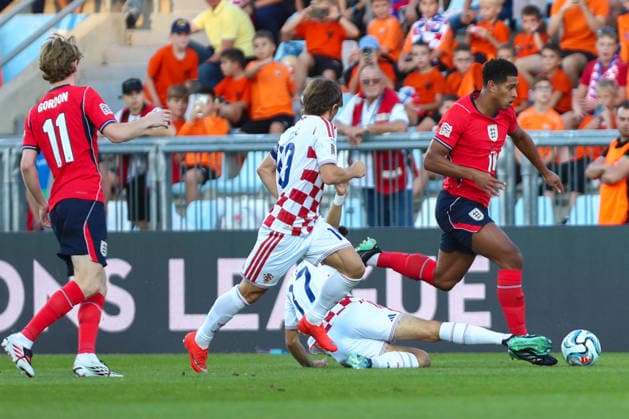 Rijeka, Croatia, 3rd October 2026. UEFA Nations League. Matchday 3, Group A3. Croatia v England at Rujevica, Rijeka. Petar SUCIC (17) sliding in Jude BELLINGHAM (10) Croatia v England, UEFA Nations League. 