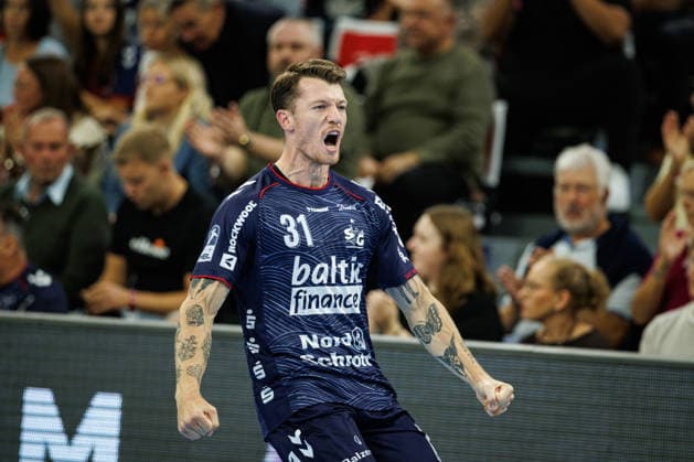Opel HBL SG Flensburg Handewitt vs. FRISCH AUF Göppingen, October 3, 2026—Emil Jakobsen (No. 31) celebrates a goal, SG Flensburg Handewitt Opel HBL SG Flensburg Handewitt vs. FRISCH AUF Göppingen, GGW Arena on October 3, 2026 Copyright: xBEAUTIFULxSPORTS MarioxM.xKobergx