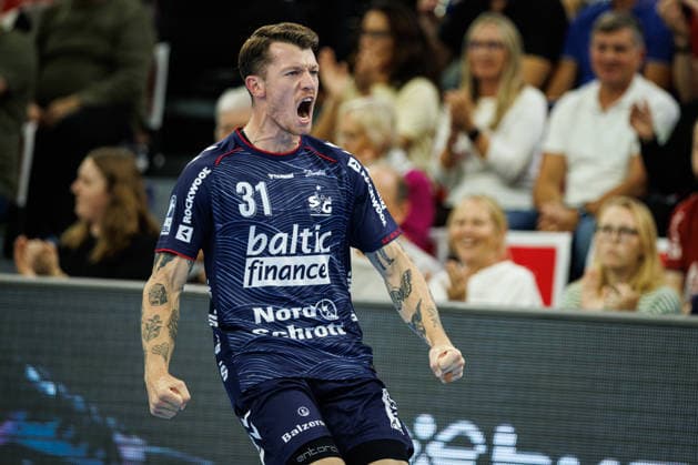 Opel HBL SG Flensburg Handewitt vs. FRISCH AUF Göppingen, October 3, 2026—Emil Jakobsen (No. 31) celebrates a goal, SG Flensburg Handewitt Opel HBL SG Flensburg Handewitt vs. FRISCH AUF Göppingen, GGW Arena on October 3, 2026 Copyright: xBEAUTIFULxSPORTS MarioxM.xKobergx