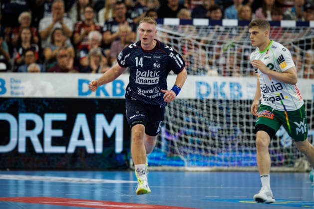 Opel HBL SG Flensburg Handewitt vs. FRISCH AUF Göppingen, October 3, 2026—Emil Siersbaek Bergholt (No. 14) celebrates a goal, SG Flensburg Handewitt Opel HBL SG Flensburg Handewitt vs. FRISCH AUF Göppingen, GGW Arena on October 3, 2026 Copyright: xBEAUTIFULxSPORTS MarioxM.xKobergx