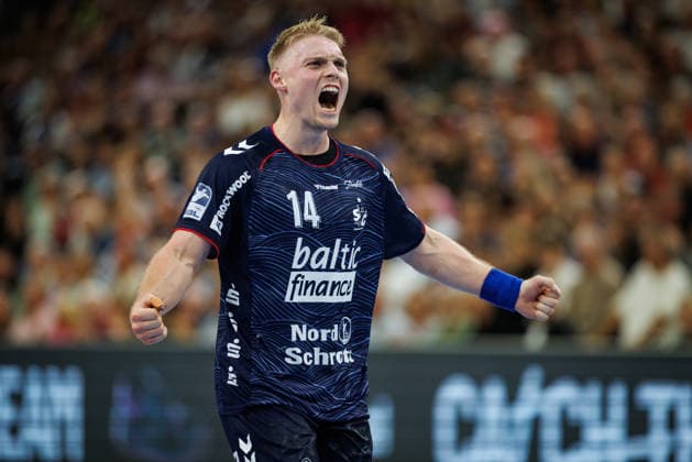 Opel HBL SG Flensburg Handewitt vs. FRISCH AUF Göppingen, October 3, 2026—Emil Siersbaek Bergholt (No. 14) celebrates a goal, SG Flensburg Handewitt Opel HBL SG Flensburg Handewitt vs. FRISCH AUF Göppingen, GGW Arena on October 3, 2026 Copyright: xBEAUTIFULxSPORTS MarioxM.xKobergx