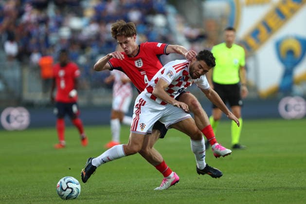Rijeka, Croatia, 3rd October 2026. UEFA Nations League. Matchday 3, Group A3. Croatia v England at Rujevica, Rijeka. Alex SCOTT (4) and Mateo KOVACIC (8) in duel. Croatia v England, UEFA Nations League. 