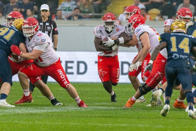 Chrisman Kyei (Potsdam Royals, 02 Running Back) with the ball Dresden Monarchs vs Potsdam Royals, American Football, German Football League, Week 22, Championship Game, 2026, 03.10.2026, Dresden Rudolf Harbig Stadion Saxony Germany Copyright: xPFA SebastianxJustx