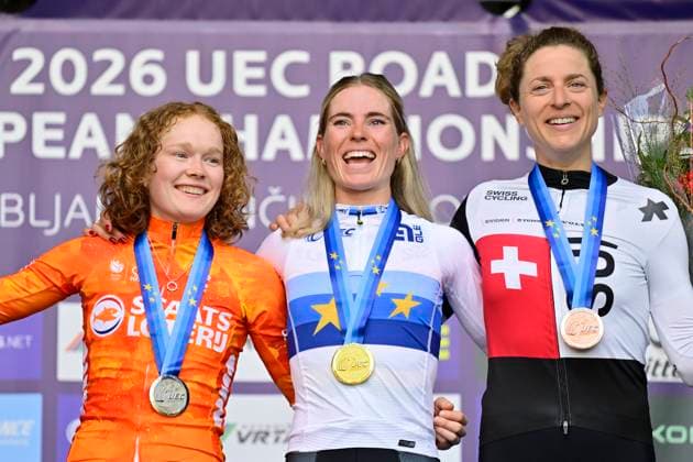 UEC 2026 Road European Championships Ljubljana 03 10 2026 LJUBLJANA, SLOVENIA - OCTOBER 03 : Pieterse Puck (NED) of Fenix-Premier Tech, Vollering Demi (NED) of FDJ United - SUEZ and Reusser Marlen (SUI) of Movistar Team during the podium ceremony after the Women Elite cycling road race of the 2026 UEC Road European Championships Ljubljana. An UCI Continental Championships cycling race of 130 km with start in Ljubljana and finish in Sencur on October 3, 2026 in Ljubljana, Slovenia, 03 10 2026 Ljubljana Slovenia  Copyright: xJanxDexMeuleneirx