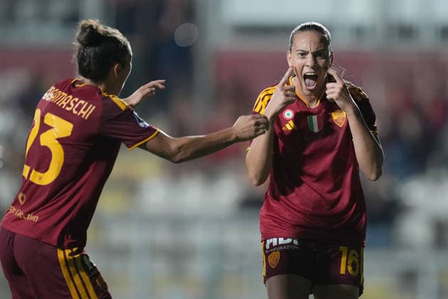 Roma™s Alice Corelli celebrates after scoring during the Serie A Women soccer match between Roma and Lazio at the Rome s Tre Fontane stadium, Italy - Saturday October 3, 2026 - Soccer ( Photo by Alfredo Falcone LaPresse )  Copyright: xAlfredoxFalcone LaPressex