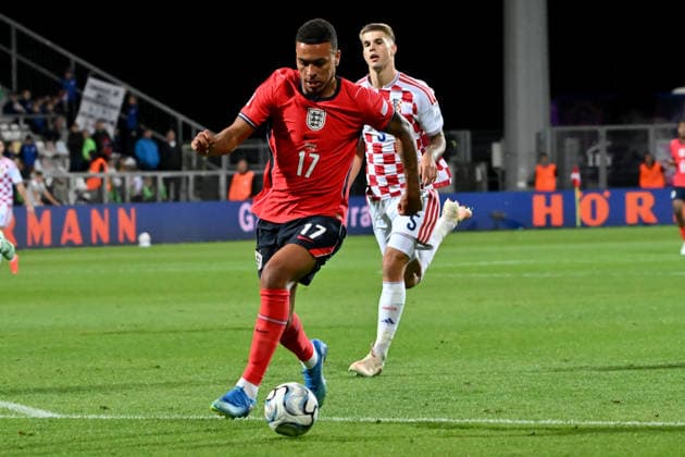 RIJEKA, CROATIA - OCTOBER 03: Morgan Rogers of England (L) in action and score against Luka Vuskovic of Croatia (R) during the UEFA Nations League, League A Group A3, match between Croatia and England at Stadion Rujevica, Rijeka on October 03, 2026 in Rijeka, Croatia. (Photo by Igor Kupljenik Sports Press Photo). Copyright: xIgorxKupljenikx xSPPx Sportspressphoto_SPR244657