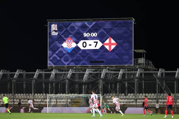 A large LED screen shows the full time result Croatia v England, UEFA Nations League, Football, Stadion HNK Rijeka, Rijeka, Croatia - 03 Oct 2026Rijeka Stadion HNK Rijeka Croatia  Copyright: xRaddadxJebarah Shutterstockx 17183865du