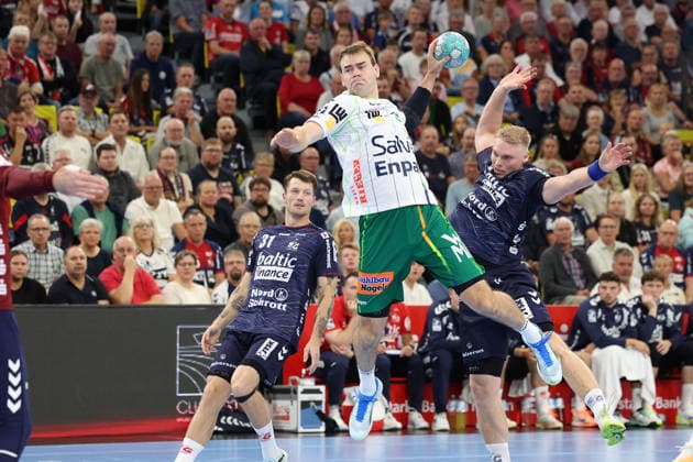 October 3, 2026, xBHAx, Handball, Opel HBL, 2026–2027 Season, 1 HBL, SG Flensburg Handewitt vs. FRISCH AUF Göppingen, GGW Arena Max Beneke (FRISCH AUF Göppingen), No. 9 on offense against Emil Bergholt (SG Flensburg Handewitt), No. 14 Schleswig-Holstein Deutschkand