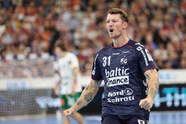 October 3, 2026, xBHAx, Handball, Opel HBL, 2026–2027 season, 1st HBL, SG Flensburg Handewitt vs. FRISCH AUF Göppingen, GGW Arena—Emil Jacobsen of SG Flensburg Handewitt celebrating, 31 Schleswig-Holstein, Germany
