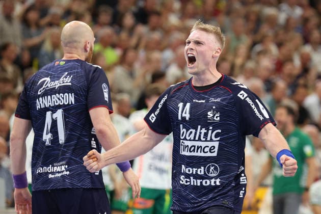 October 3, 2026, xBHAx, Handball, Opel HBL, 2026–2027 season, 1st HBL, SG Flensburg Handewitt vs. FRISCH AUF Göppingen, GGW Arena: Emil Bergholt of SG Flensburg Handewitt celebrates, 14 Schleswig-Holstein German