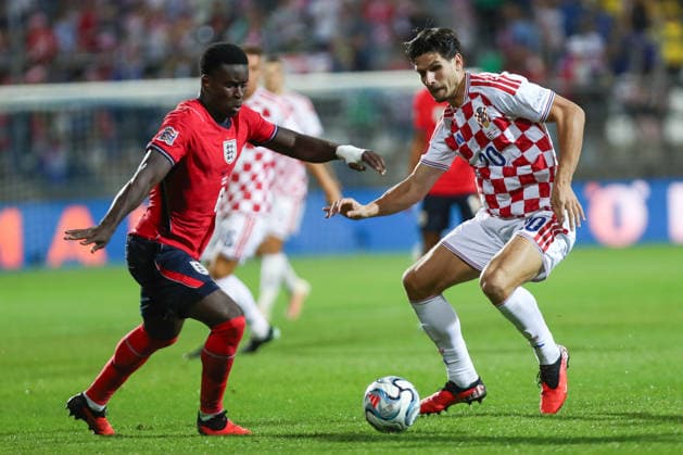 Rijeka, Croatia, 3rd October 2026. UEFA Nations League. Matchday 3, Group A3. Croatia v England at Rujevica, Rijeka. Marc GUEHI (6) and Igor MATANOVIC (20). Croatia v England, UEFA Nations League. 