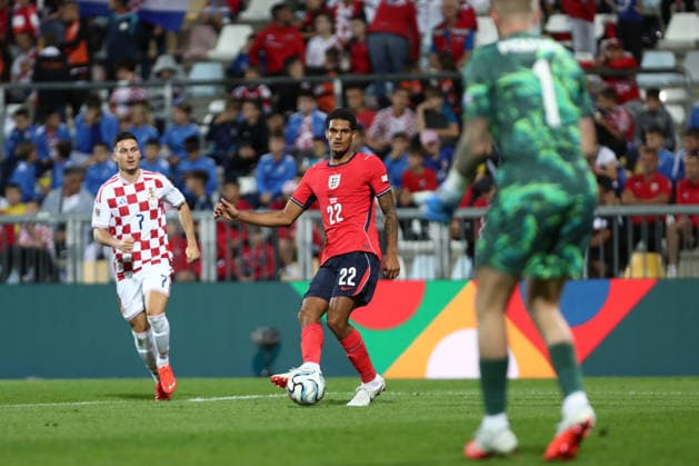 Rijeka, Croatia, 3rd October 2026. UEFA Nations League. Matchday 3, Group A3. Croatia v England at Rujevica, Rijeka. Jarell QUANSAH (22) passing the ball to Jordan PICKFORD (1). Croatia v England, UEFA Nations League. 