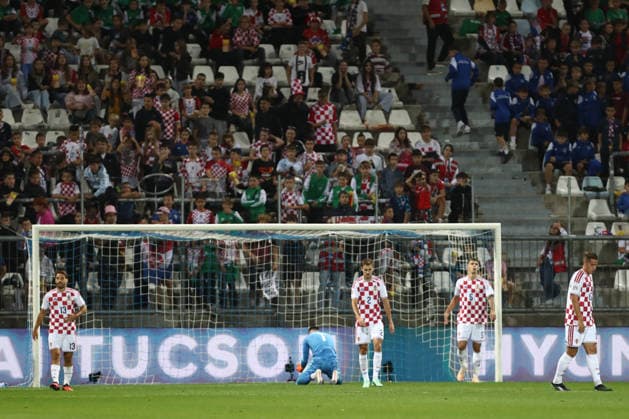 Rijeka, Croatia, 3rd October 2026. UEFA Nations League. Matchday 3, Group A3. Croatia v England at Rujevica, Rijeka. Devastated Croatian players. Croatia v England, UEFA Nations League. 