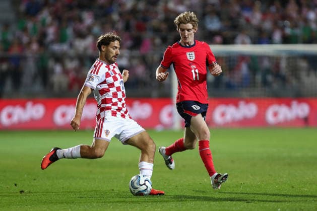 Rijeka, Croatia, 3rd October 2026. UEFA Nations League. Matchday 3, Group A3. Croatia v England at Rujevica, Rijeka. Nikola VLASIC (13) and Anthony GORDON (11) in duel. Croatia v England, UEFA Nations League. 
