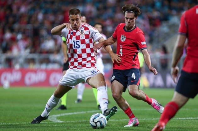 Rijeka, Croatia, 3rd October 2026. UEFA Nations League. Matchday 3, Group A3. Croatia v England at Rujevica, Rijeka. Mario PASALIC (15) and Alex SCOTT (4) in duel. Croatia v England, UEFA Nations League. 