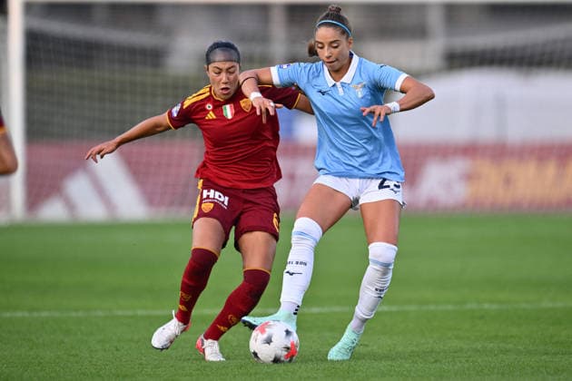 SOCCER - Women s Serie A - AS Roma vs. SS Lazio Women Photo by IPA ABACAPRESS.COM89266456 - Maya Loren Doms of A.S. Roma Femminile and Eleonora Goldoni of S.S. Lazio Women are in action during the Serie A Women Athora, Match Day 2, between A.S. Roma Women and S.S. Lazio Women, at the Tre Fontane Stadium on October 3, 2026, in Rome, Italy. Rome Italy  Copyright: xIPAxSport ABACAx
