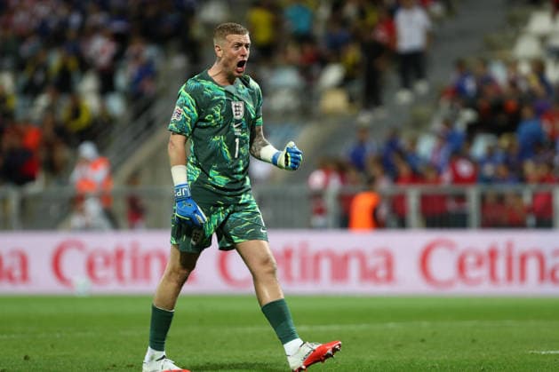 Rijeka, Croatia, 3rd October 2026. UEFA Nations League. Matchday 3, Group A3. Croatia v England at Rujevica, Rijeka. Jordan PICKFORD (1) celebrating. Croatia v England, UEFA Nations League. 