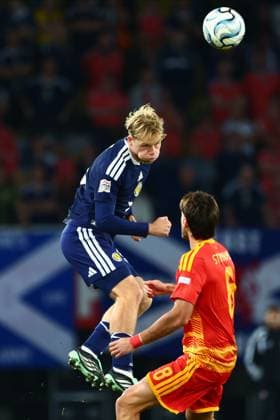 Stephen Welsh of Scotland heads the ball away. North Macedonia v Scotland, UEFA Nations League, Football, Nacionalna Arena Tose Proeski, Skopje, North Macedonia - 03 Oct 2026Skopje Nacionalna Arena Tose Proeski North Macedonia  Copyright: xNikolaxKrstic Shutterstockx 17184131bm