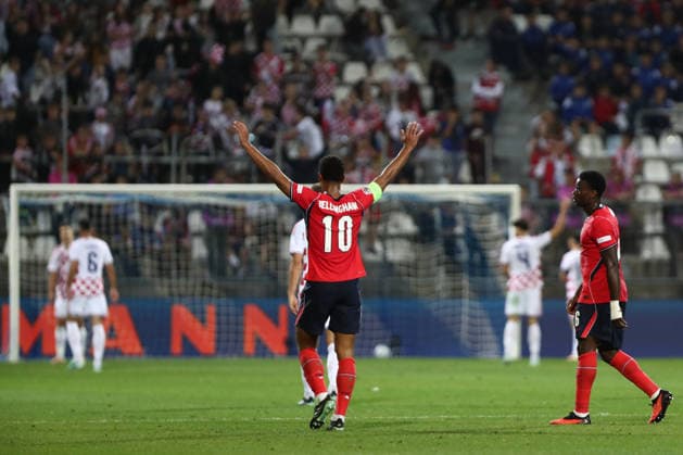 Rijeka, Croatia, 3rd October 2026. UEFA Nations League. Matchday 3, Group A3. Croatia v England at Rujevica, Rijeka. Jude BELLINGHAM (10) celebrating goal. Croatia v England, UEFA Nations League. 