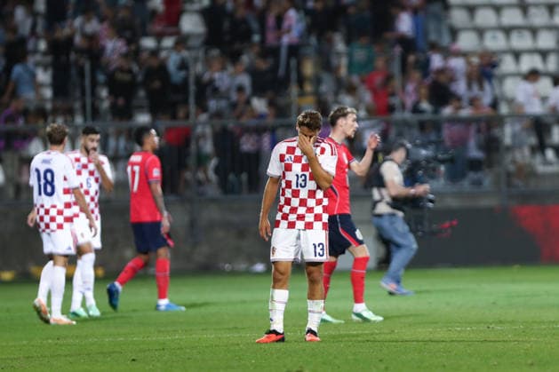 Rijeka, Croatia, 3rd October 2026. UEFA Nations League. Matchday 3, Group A3. Croatia v England at Rujevica, Rijeka. Nikola VLASIC (13) crying after the game. Croatia v England, UEFA Nations League. 
