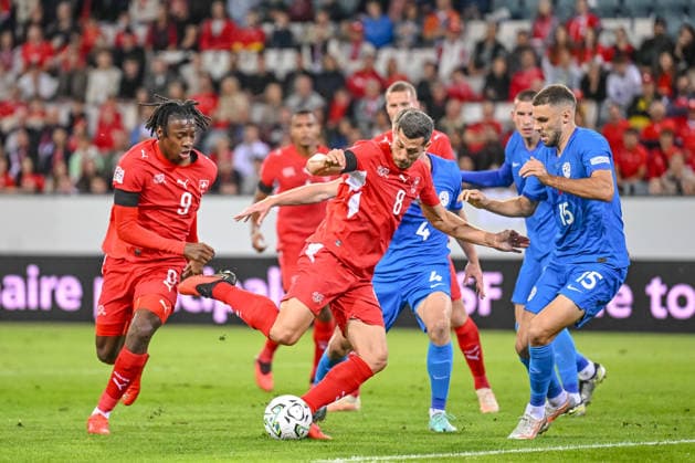 Remo Freuler of Switzerland scores his team s first goal during the UEFA Nations League 2026–27 group stage match between Switzerland and Slovenia at Luzern Arena on October 3, 2026, in Lucerne, Switzerland. Photo by Harry Langer, DeFodi Images