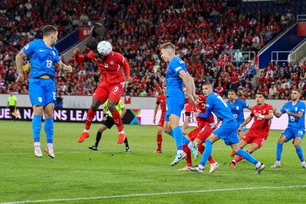 Johan Manzambi, Switzerland, No. 9 heading the ball, Switzerland, UEFA, Nations League, Matchday 3, Switzerland vs. Slovenia, October 3, 2026, Lucerne Swissporarena, Switzerland Copyright: xGrantxHubbsx