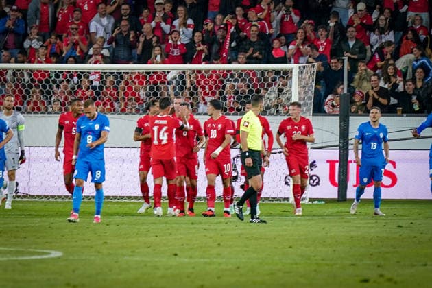 Soccer: UEFA Nations League 2026–2027, Matchday 3: Switzerland vs. Slovenia at Thermoplan Arena Lucerne—Goal and celebration following the 1–1 equalizer, scored via an own goal by Erik Janza of Slovenia, 13: Joy, emotion, celebration Copyright: xJOERANxSTEINSIEKx