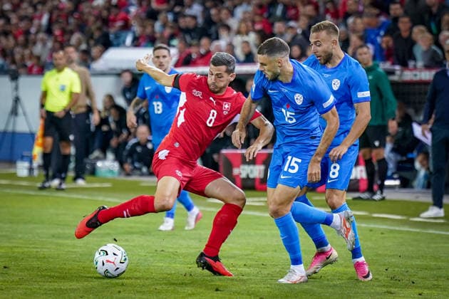 Soccer: UEFA Nations League 2026–2027, Matchday 3: Switzerland vs. Slovenia at Thermoplan Arena Lucerne—Remo Freuler (Switzerland), 8; Danijel Sturm (Slovenia), 15; Sandi Lovric (Slovenia), 8 Copyright: xJOERANxSTEINSIEKx