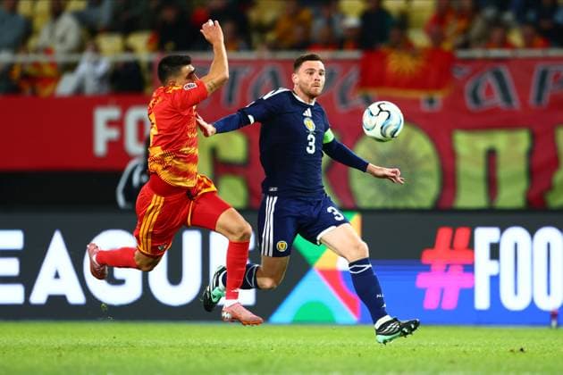 Andy Robertson of Scotland (R) and Bojan Ilievski of North Macedonia (L) in action. North Macedonia v Scotland, UEFA Nations League, Football, Nacionalna Arena Tose Proeski, Skopje, North Macedonia - 03 Oct 2026Skopje Nacionalna Arena Tose Proeski North Macedonia  Copyright: xNikolaxKrstic Shutterstockx 17184131bs
