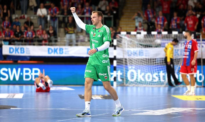 October 3, 2026, Germany, Bietigheim: SG BBM Bietigheim vs. Berliner Füchse; Mathias Gidsel of Berlin celebrates and pumps his fist