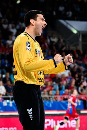 Bietigheim HBL 26 27 SG BBM Bietigheim Fuechse Berlin Goalkeeper Martin Tomovski Bietigheim Celebration Joy Emotion Bietigheim Bissingen Egetrans Arena Baden-Württemberg Germany