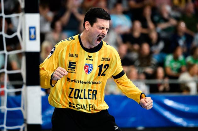 Bietigheim HBL 26 27 SG BBM Bietigheim Fuechse Berlin Goalkeeper Martin Tomovski Bietigheim Celebration Joy Emotion Bietigheim Bissingen Egetrans Arena Baden-Württemberg Germany