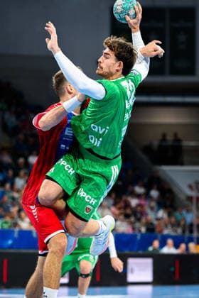 Bietigheim HBL 26 27 SG BBM Bietigheim Fuechse Berlin (from left) Nikola Vlahovic (Bietigheim), Aymeric Zaepfel (Berlin) Bietigheim Bissingen Egetrans Arena Baden-Württemberg, Germany