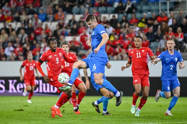 Johan Manzambi (Switzerland), Jaka Bijol (Slovenia), Dan Ndoye of Switzerland and Zan Karnicnik of Slovenia battle for the ball during the UEFA Nations League 2026–27 group stage match between Switzerland and Slovenia at Luzern Arena on October 3, 2026, in Lucerne, Switzerland. Photo by Harry Langer, DeFodi Images