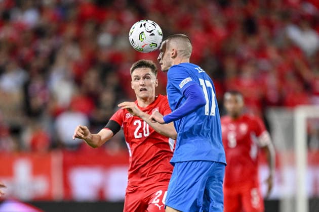 Michel Aebischer of Switzerland and David Zec of Slovenia battle for the ball during the UEFA Nations League 2026–27 group stage match between Switzerland and Slovenia at Luzern Arena on October 3, 2026, in Lucerne, Switzerland. Photo by Harry Langer, DeFodi Images