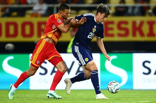 Visar Musliu of North Macedonia and Kieron Bowie of Scotland in action. North Macedonia v Scotland, UEFA Nations League, Football, Nacionalna Arena Tose Proeski, Skopje, North Macedonia - 03 Oct 2026Skopje Nacionalna Arena Tose Proeski North Macedonia  Copyright: xNikolaxKrstic Shutterstockx 17184131cn