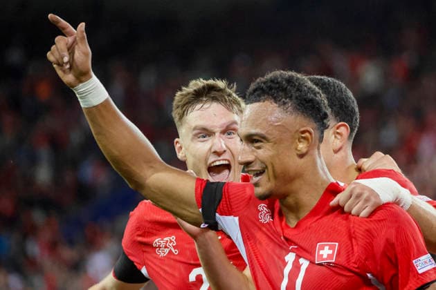 Goal celebration in Switzerland after Dan Ndoye (Switzerland, 11) scores the 2-1 goal; joy, excitement, positive emotions, goal, with Michel Aebischer (Switzerland, 20); Switzerland, UEFA, Nations League, Matchday 3, Switzerland vs. Slovenia, October 3, 2026, Lucerne Swissporarena, Switzerland Copyright: xGrantxHubbsx