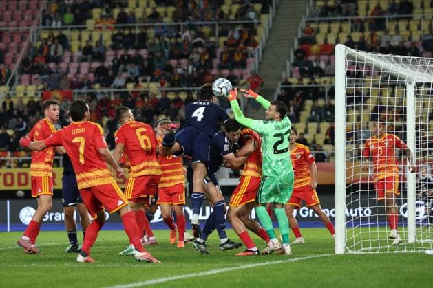 Luis Binks of Scotland attempts a header as Stole Dimitrievski of North Macedonia catches the ball. North Macedonia v Scotland, UEFA Nations League, Football, Nacionalna Arena Tose Proeski, Skopje, North Macedonia - 03 Oct 2026Skopje Nacionalna Arena Tose Proeski North Macedonia  Copyright: xNikolaxKrstic Shutterstockx 17184131cv