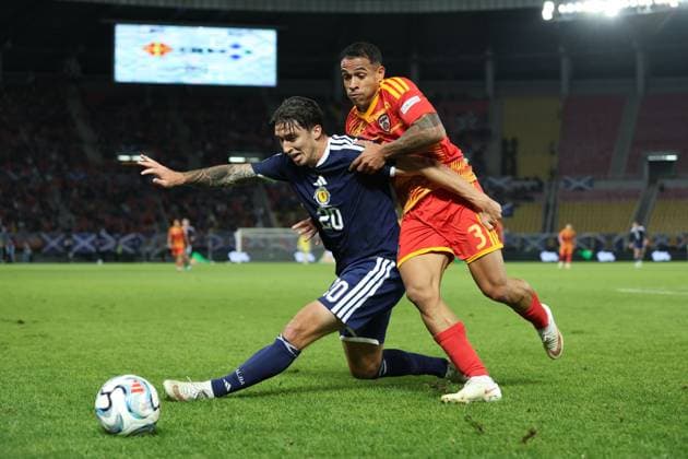 Kieron Bowie of Scotland and Sebastian Herrera of North Macedonia in action. North Macedonia v Scotland, UEFA Nations League, Football, Nacionalna Arena Tose Proeski, Skopje, North Macedonia - 03 Oct 2026Skopje Nacionalna Arena Tose Proeski North Macedonia  Copyright: xNikolaxKrstic Shutterstockx 17184131dg