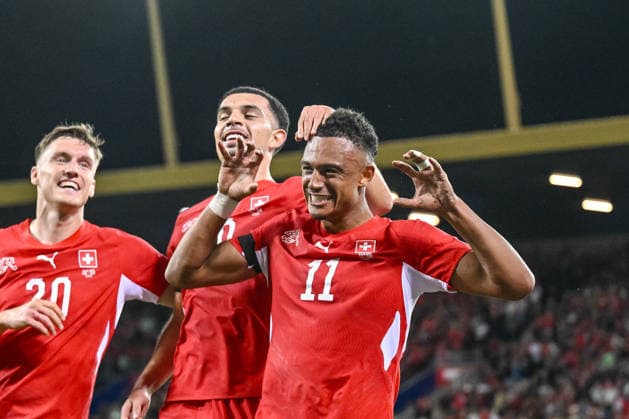 Dan Ndoye of Switzerland celebrates with his teammates after scoring his team s second goal during the UEFA Nations League 2026–27 group stage match between Switzerland and Slovenia at Luzern Arena on October 3, 2026, in Lucerne, Switzerland. Photo by Harry Langer, DeFodi Images