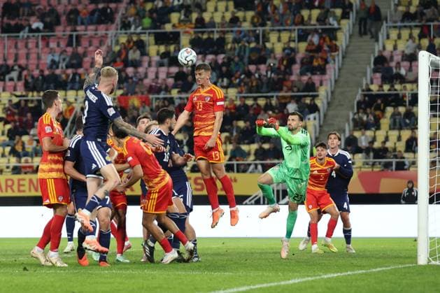Anes Meljichi of North Macedonia heads the ball. North Macedonia v Scotland, UEFA Nations League, Football, Nacionalna Arena Tose Proeski, Skopje, North Macedonia - 03 Oct 2026Skopje Nacionalna Arena Tose Proeski North Macedonia  Copyright: xNikolaxKrstic Shutterstockx 17184131dr