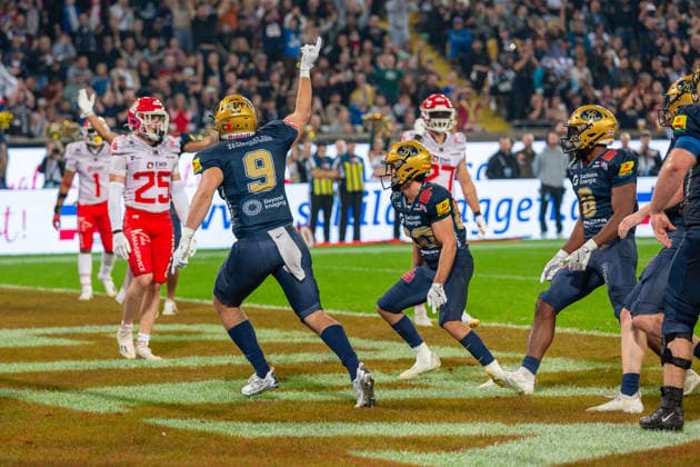 touchdown celebration Ethan Janto (Dresden Monarchs, 09 Tight End) Dresden Monarchs vs Potsdam Royals, American Football, German Football League, Week 22, Championship Game, 2026, 03.10.2026, Dresden Rudolf Harbig Stadion Saxony Germany Copyright: xPFA SebastianxJustx
