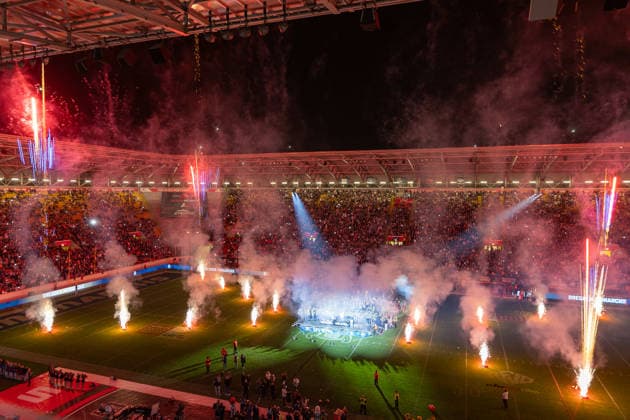 Firework after the game to celebrate the Dresden Monarchs win Dresden Monarchs vs Potsdam Royals, American Football, German Football League, Week 22, Championship Game, 2026, 03.10.2026, Dresden Rudolf Harbig Stadion Saxony Germany Copyright: xPFA SebastianxJustx