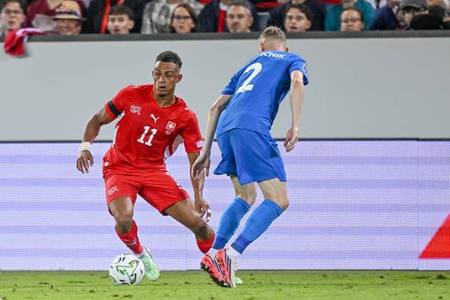 Dan Ndoye of Switzerland and Zan Karnicnik of Slovenia battle for the ball during the UEFA Nations League 2026–27 group stage match between Switzerland and Slovenia at Luzern Arena on October 3, 2026, in Lucerne, Switzerland. Photo by Harry Langer, DeFodi Images